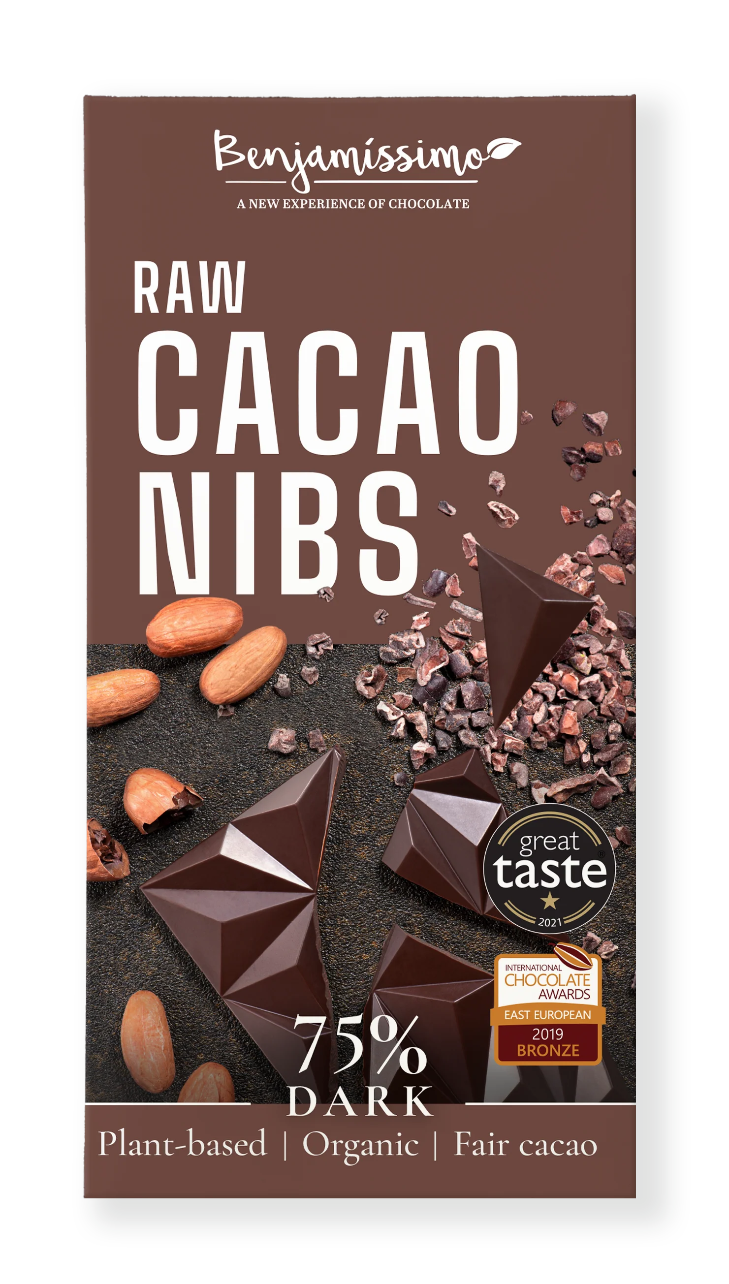 Organic Dark 75% Raw Cacao Nibs Chocolate Bar